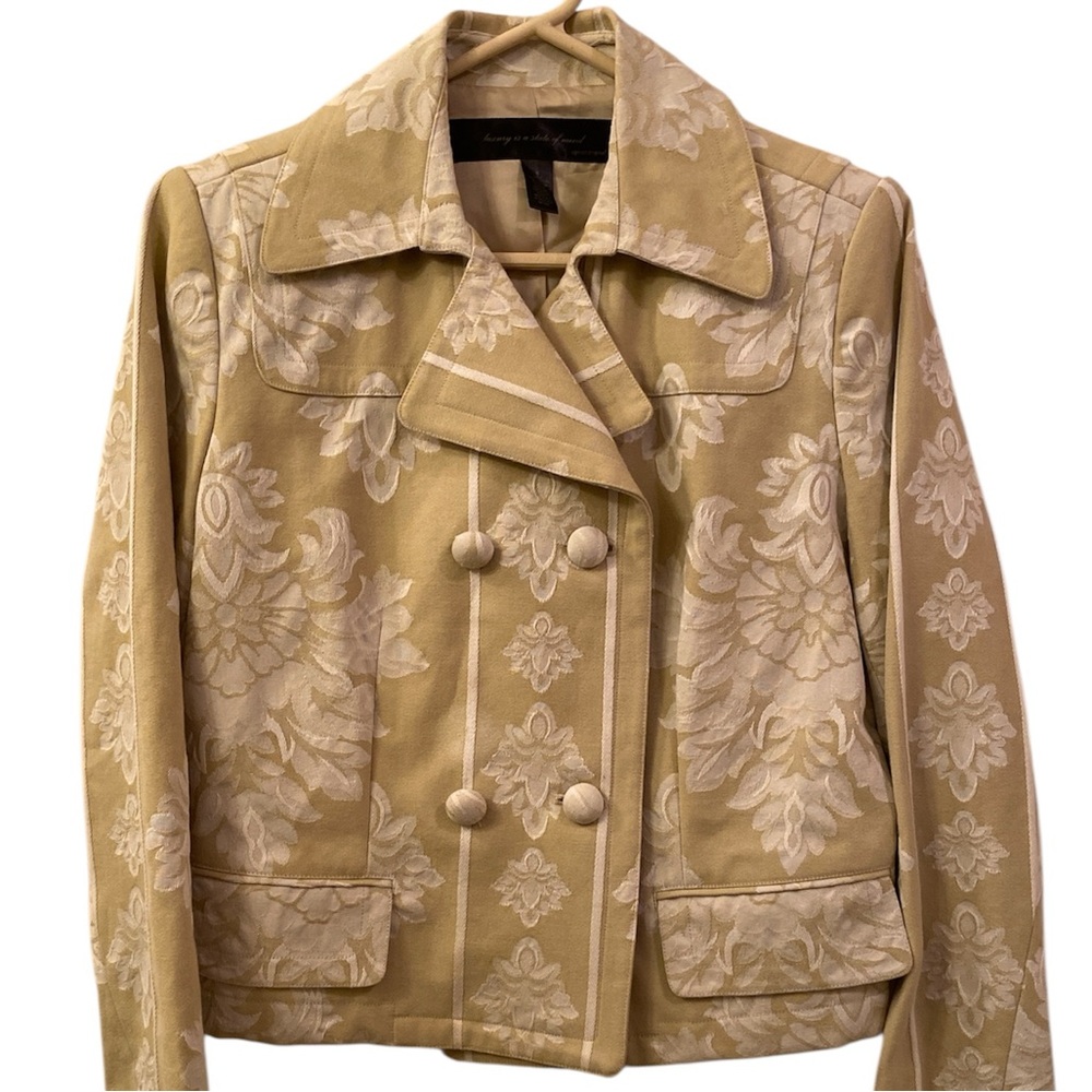 Apostrophe Brocade Jacket Tan Off White Floral Double Breasted WM SZ 8 Luxury